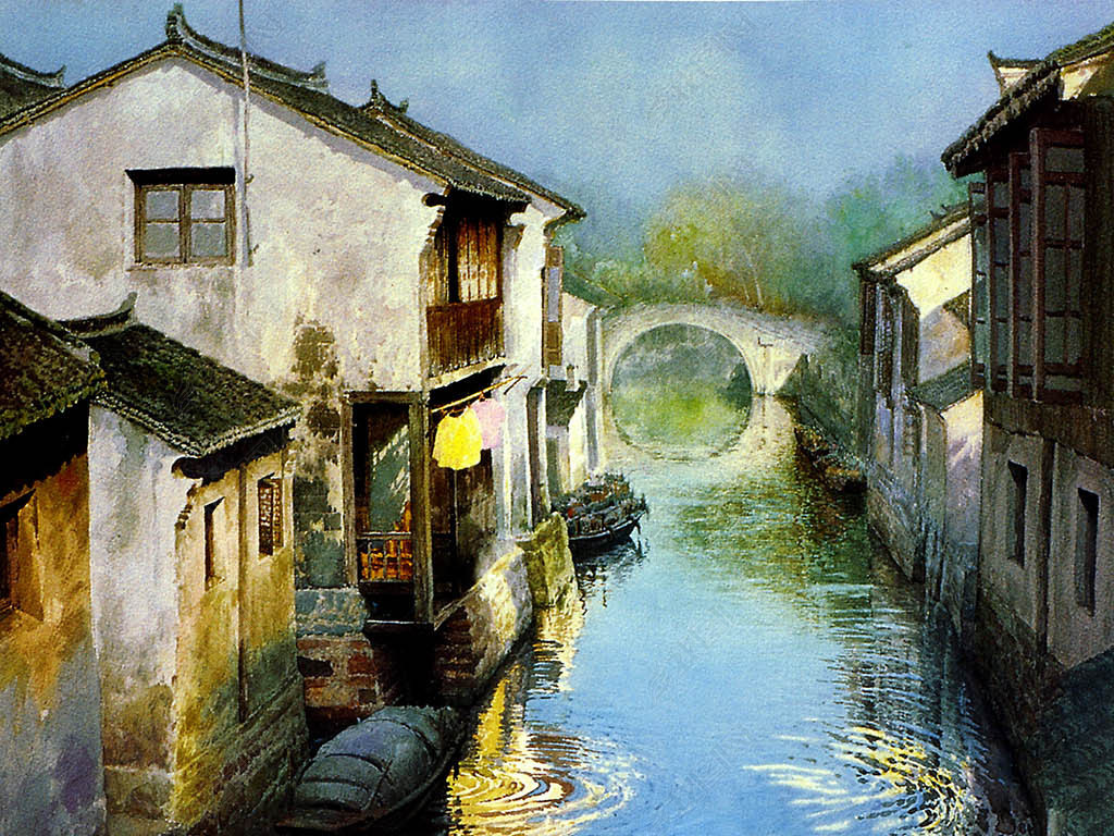 水乡古镇怀旧房屋有框无框装饰画