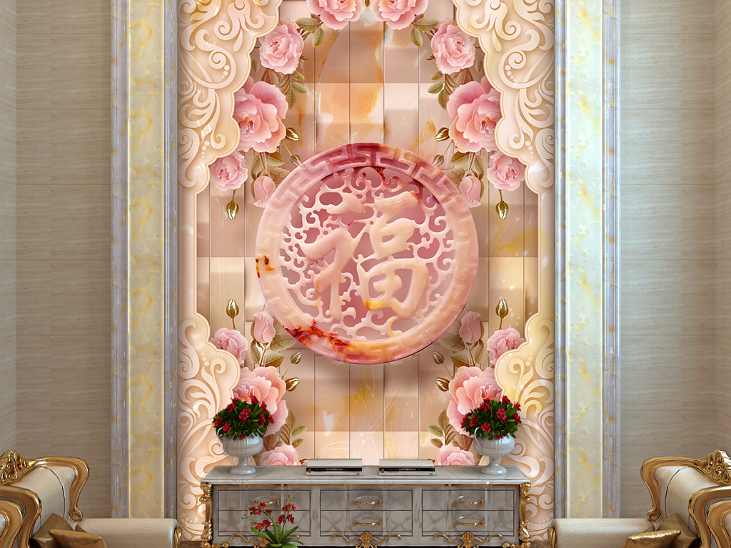 玉石浮雕玫瑰餐厅酒店玄关过道背景墙