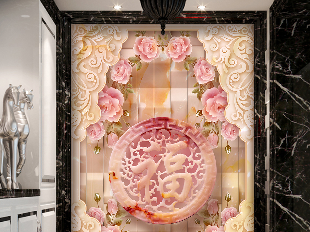 玉石浮雕玫瑰餐厅酒店玄关过道背景墙