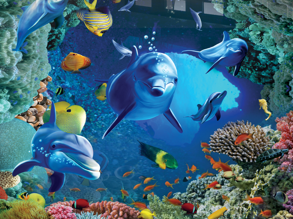 高清3d立体海洋世界海豚地砖地板画