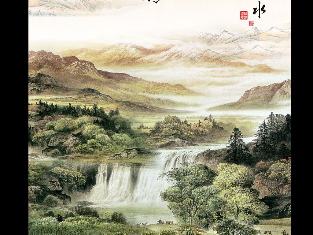 高山流水国画山水中式玄关背景墙高清装饰画