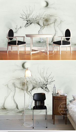 黑白手绘童话麋鹿公鹿月亮个性怀旧壁画背景