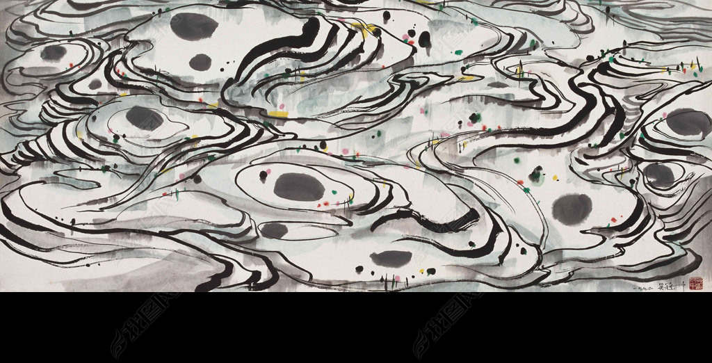 原创仿吴冠中作品国画梯田中式电视背景墙版权可商用