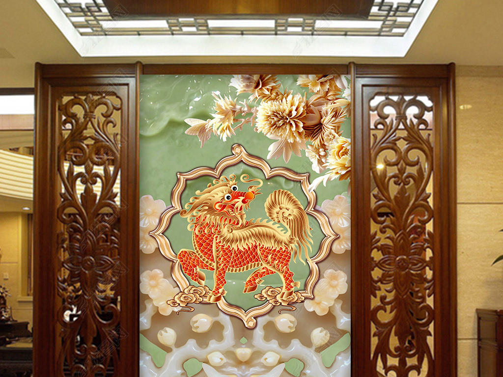 麒麟祥瑞送福玄关背景墙