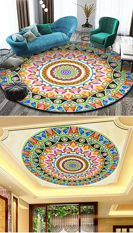 手绘民族风拼花地毯吊顶家居装饰图案设计现代简约水彩花纹地毯地垫