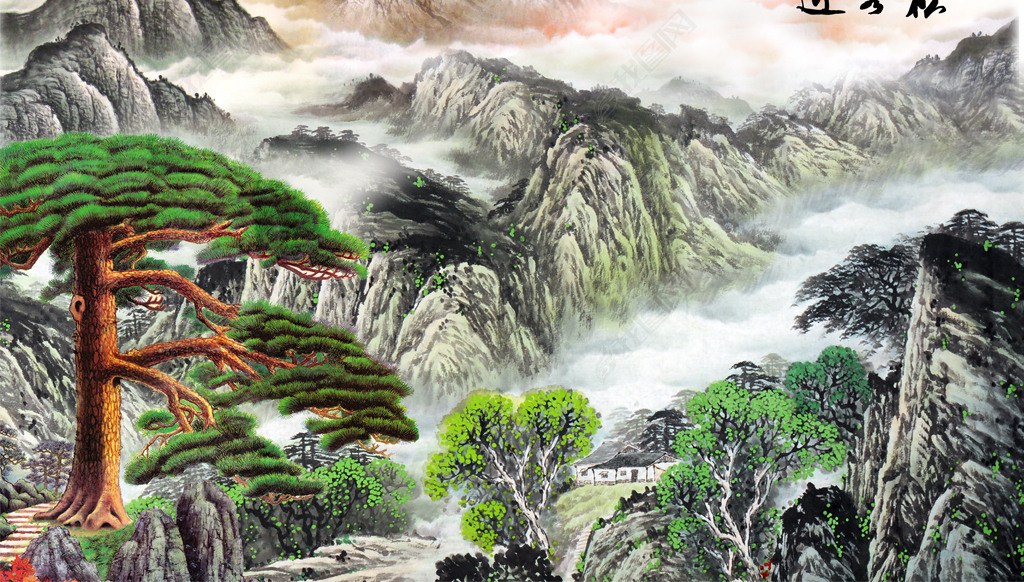 原创迎客松松鹤延年山水风景画电视背景墙