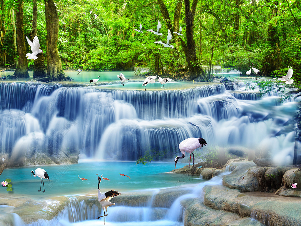原创流水生财仙鹤鲤鱼瀑布3d立体画地板版权可商用