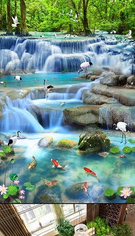 原创流水生财仙鹤鲤鱼瀑布3d立体画地板版权可商用