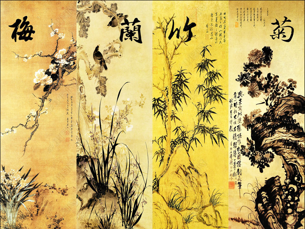 原创梅兰竹菊四君子03电视背景墙版权可商用