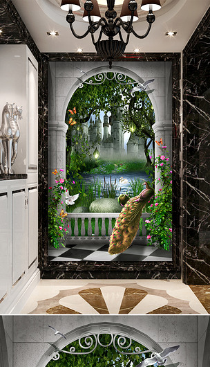 梦幻森林古堡花园孔雀3d立体玄关背景墙