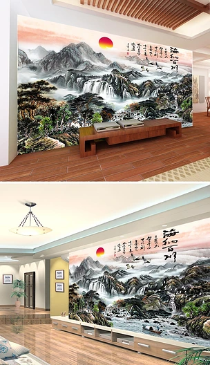 海纳百川国画风景画背景墙