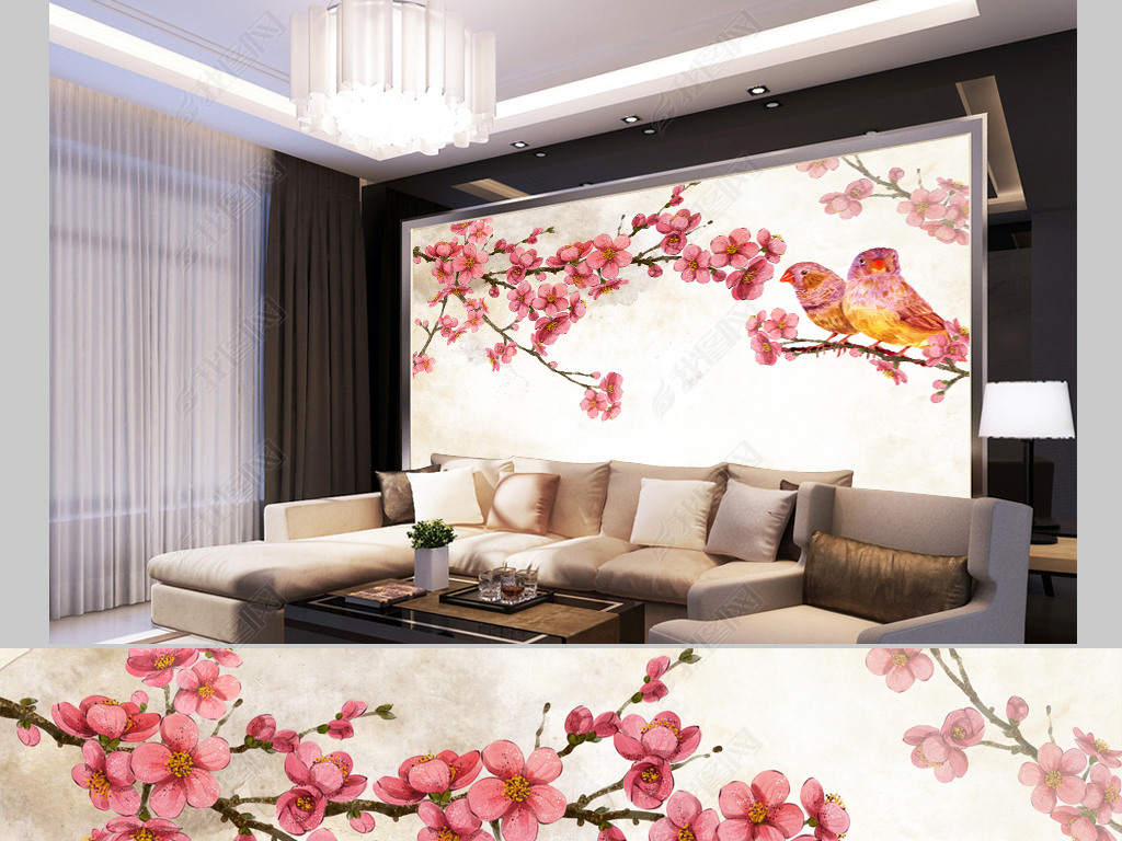 中式手绘梅花电视背景墙