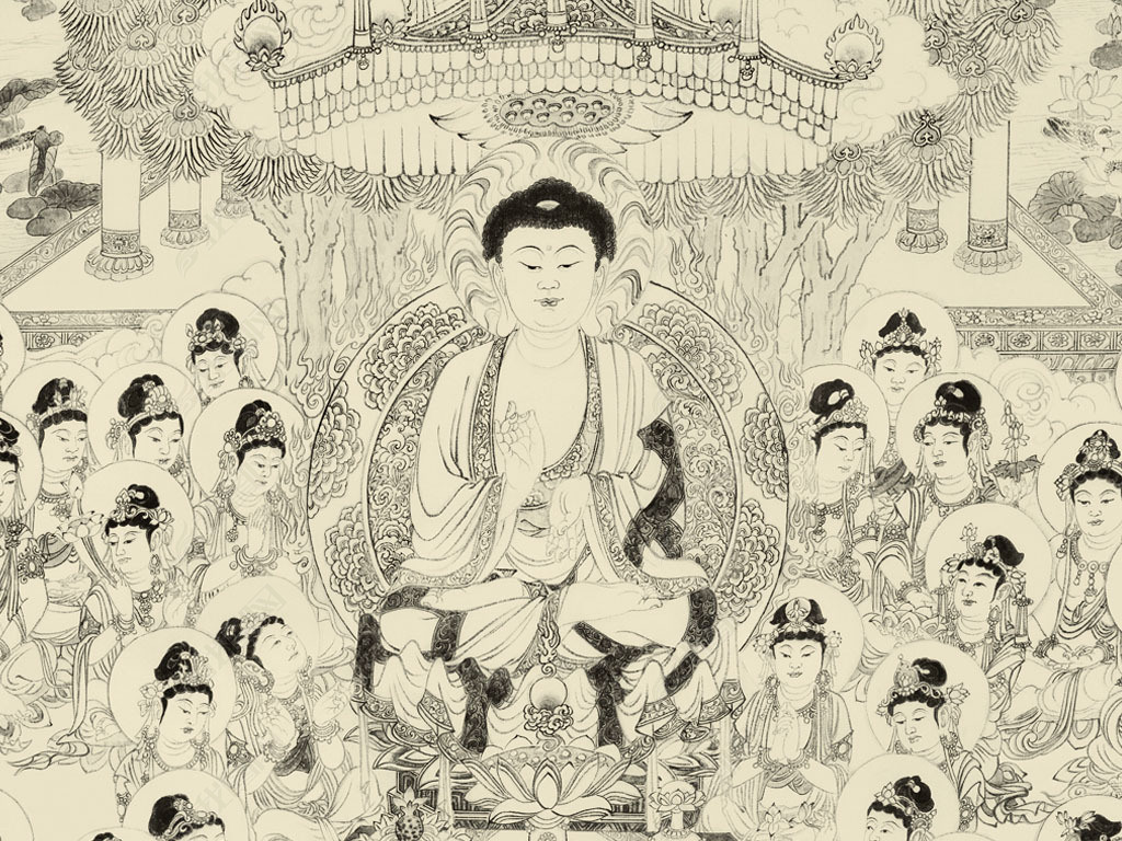 原创高清白描线描极乐妙果图装饰画背景图版权可商用