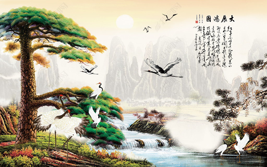 大展宏图迎客松中式山水画背景墙壁画下载-编号15369818-中式电视背景