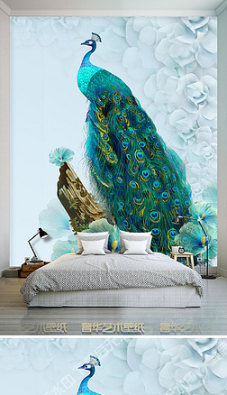 3d精美蓝孔雀卧室壁画背景墙