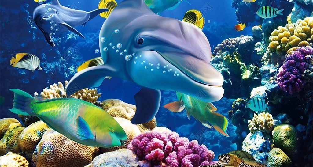 3d立体海底世界海豚母子情深电视背景墙
