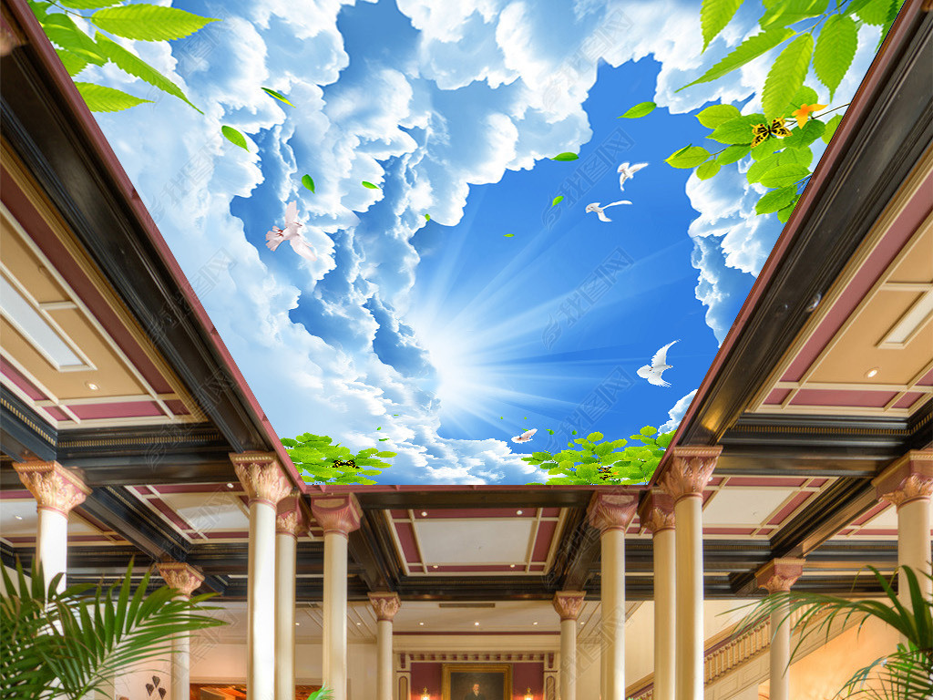 蓝天白云飞鸟绿树天顶吊顶壁画下载-编号15391147-星空吊顶-我图网