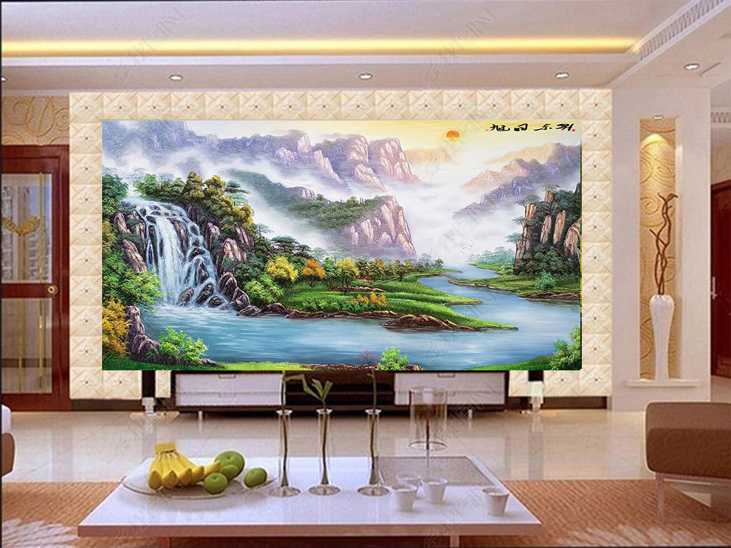 背景墙 电视背景墙 油画|立体油画电视背景墙 > 高清立体瀑布旭日东升