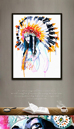 北美简欧装饰画|戴北美印第安民族头饰女子简约欧式装饰挂画