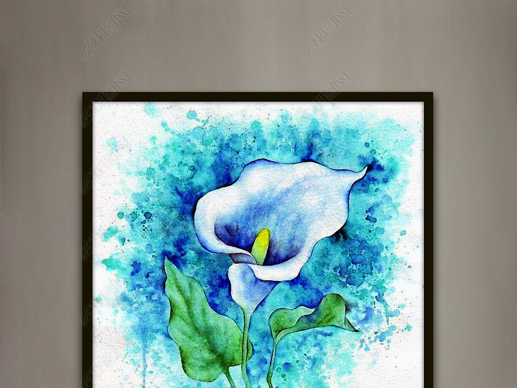 马蹄莲蓝色水彩手绘简约欧式现代客厅装饰画
