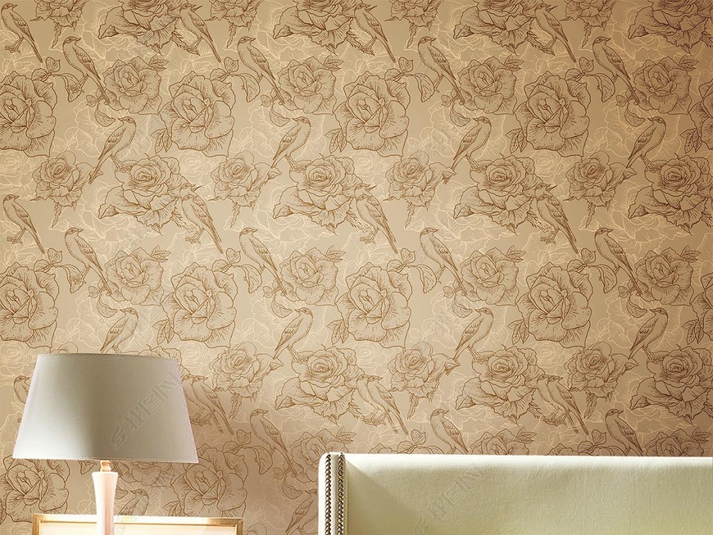 原创欧式简约复古花鸟壁纸壁画墙纸