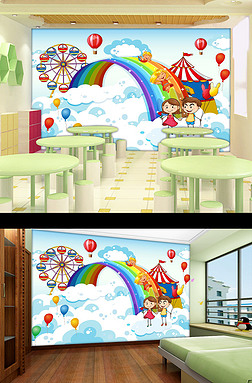 超清卡通云上彩虹系列背景墙