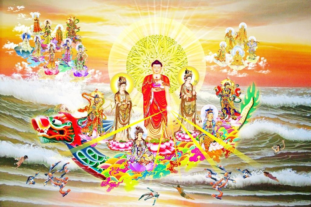 原创西方三圣接引图壁画装饰画背景画版权可商用