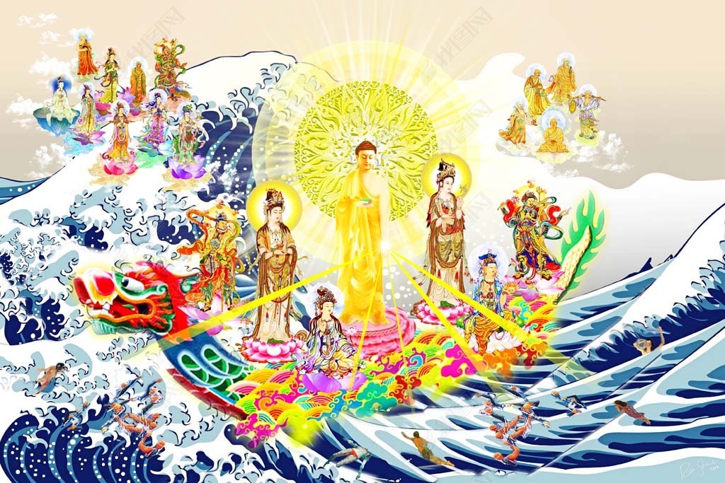 原创西方三圣接引图背景画装饰画壁画版权可商用