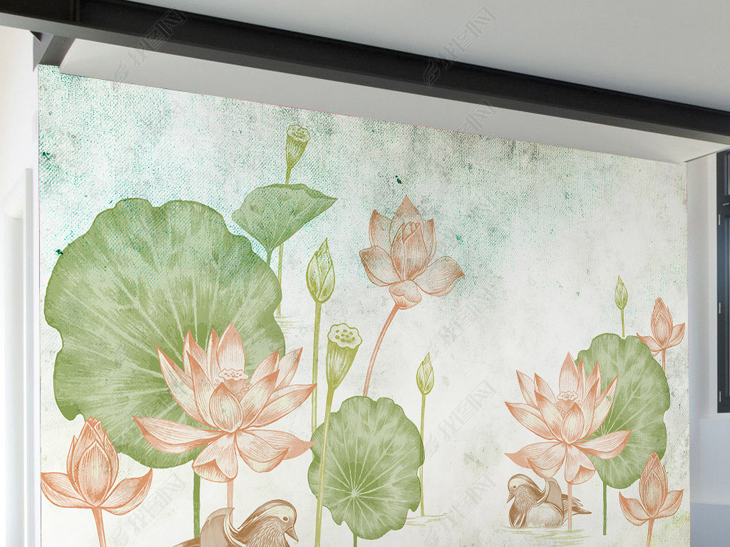 清新手绘风格荷花鸳鸯大型壁画