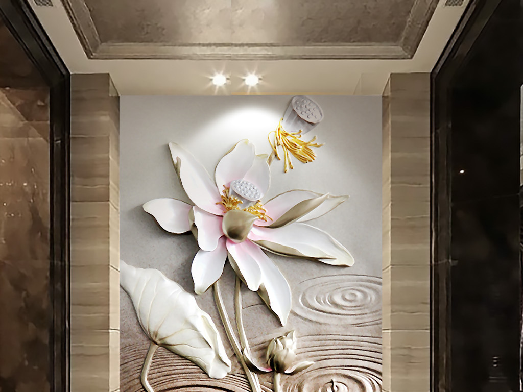 油画浮雕新中式荷花玄关背景墙