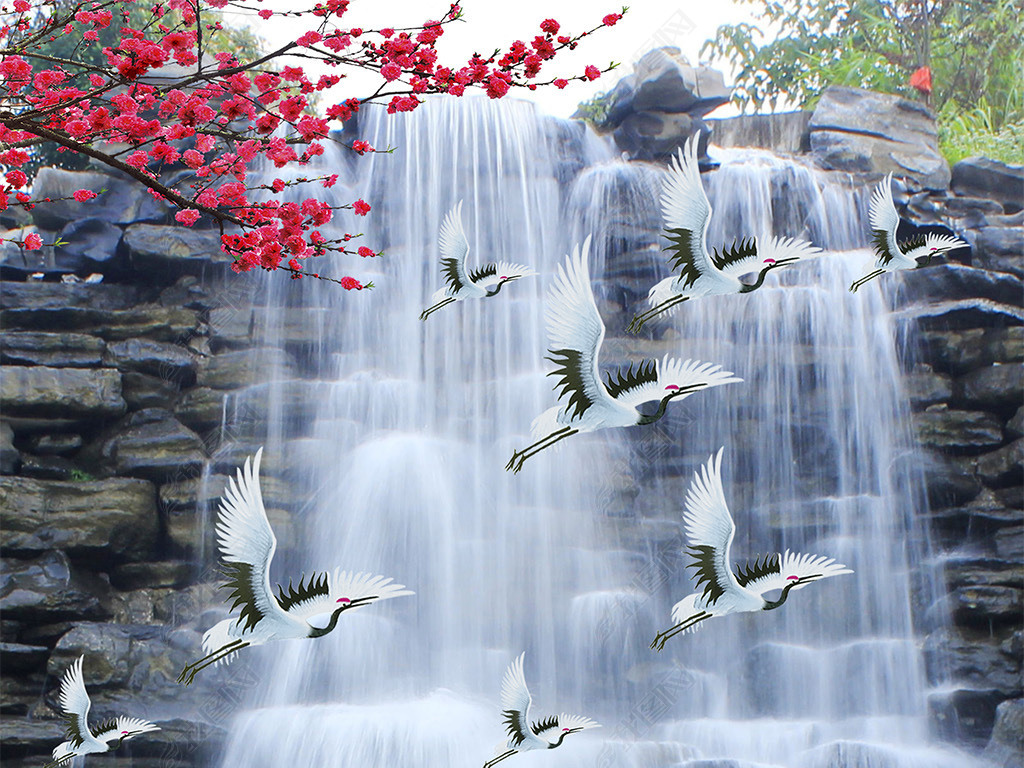 原创瀑布石头流水生财山水花鸟玄关图