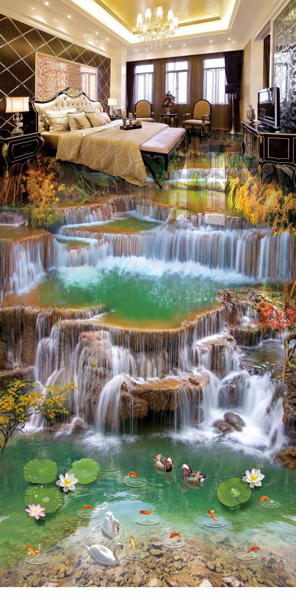 风景画3d瀑布地板画