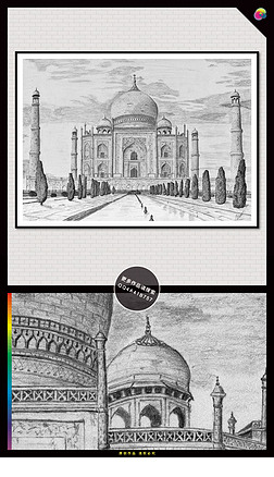 线描风景速写装饰画|黑白手绘素描泰姬陵素描插画