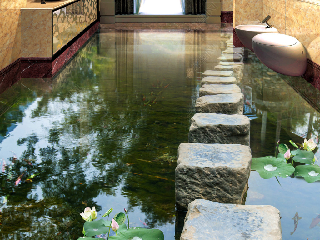 小溪石墩桥荷花流水3d地板地砖地画