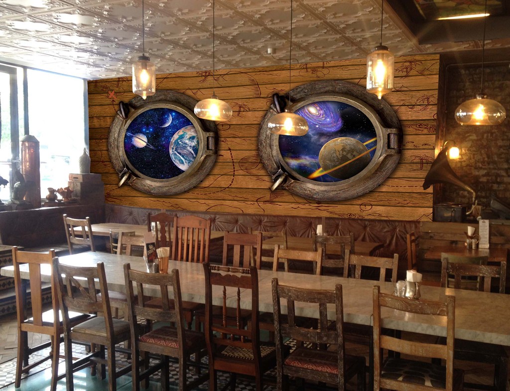 5d创意复古木板船舱太空世界