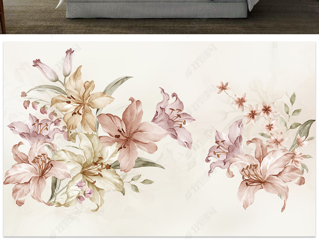 新款手绘花卉简约大气百合花电视背景墙