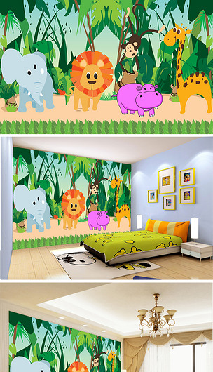 手绘卡通动物园儿童房背景墙矢量壁画