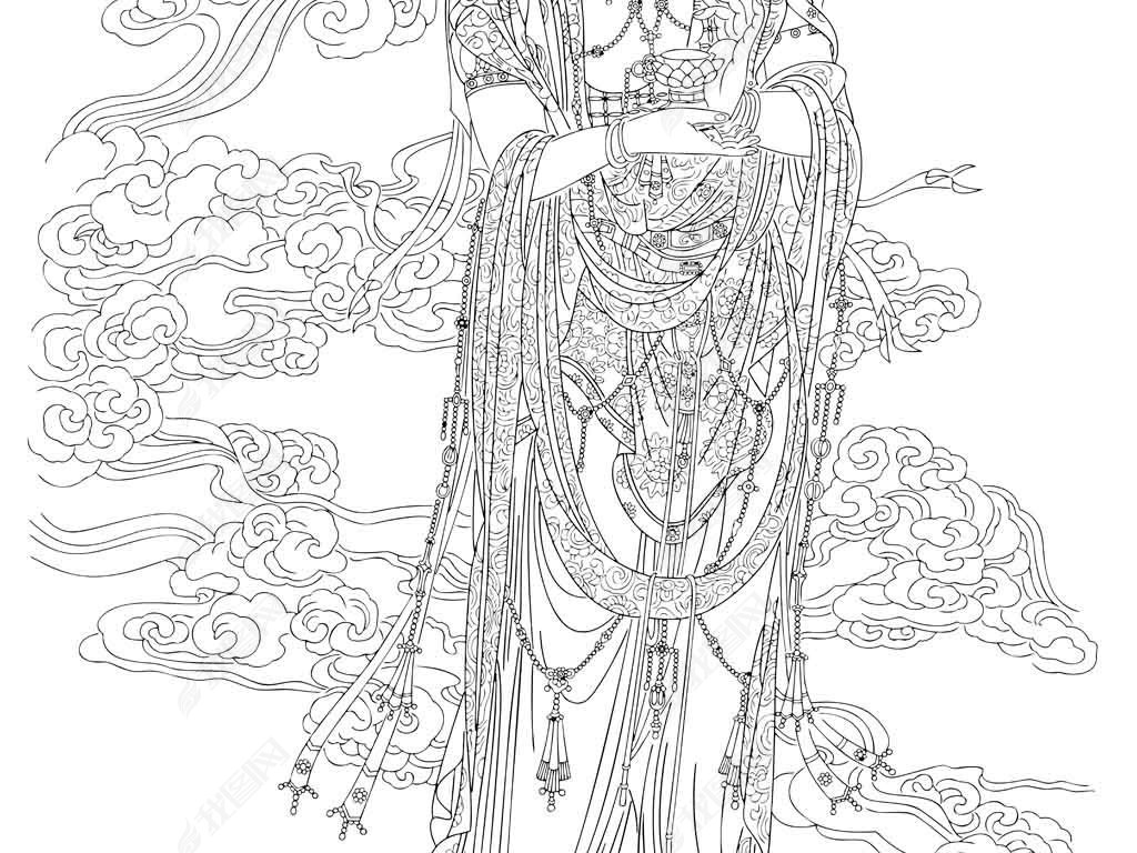 原创高清大图大势至菩萨线描白描线勾图版权可商用