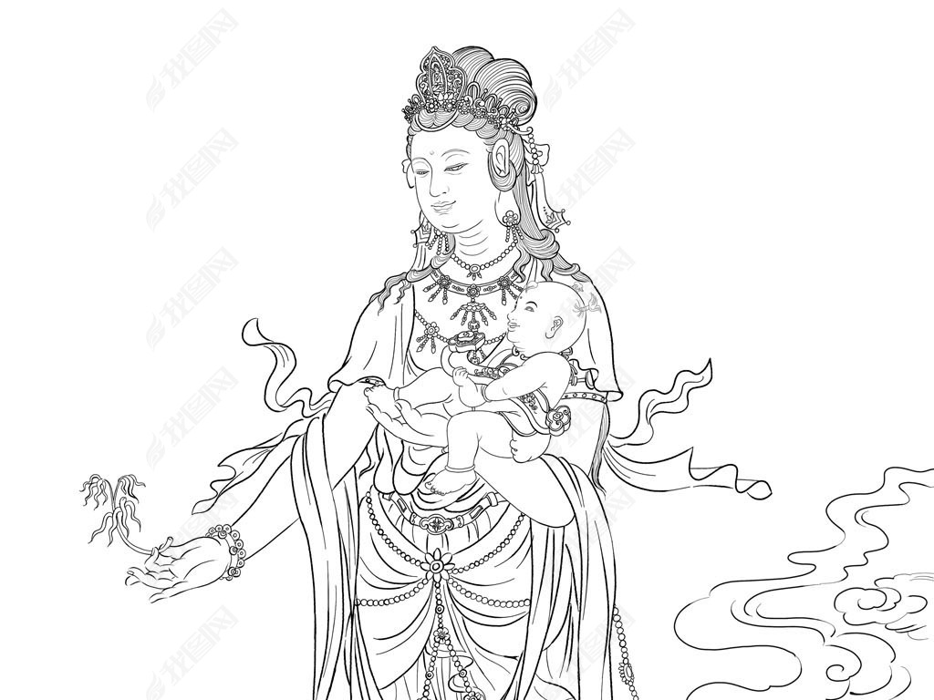 原创高清送子观音白描线描线勾图装饰画