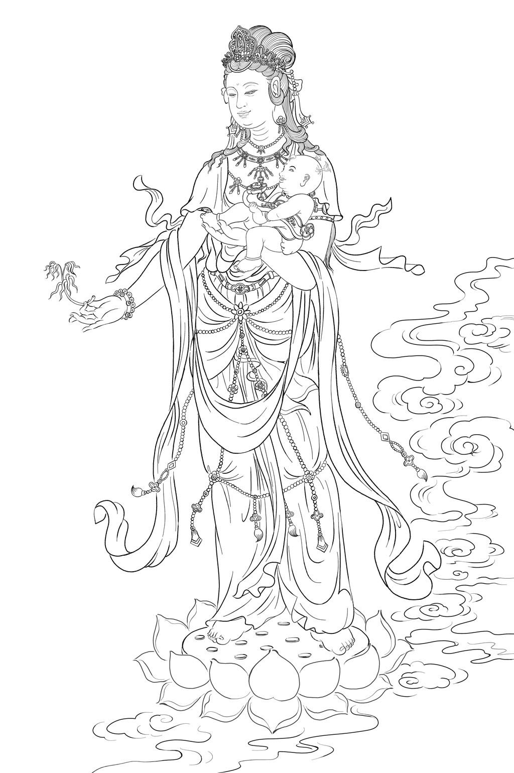 高清送子观音白描线描线勾图装饰画