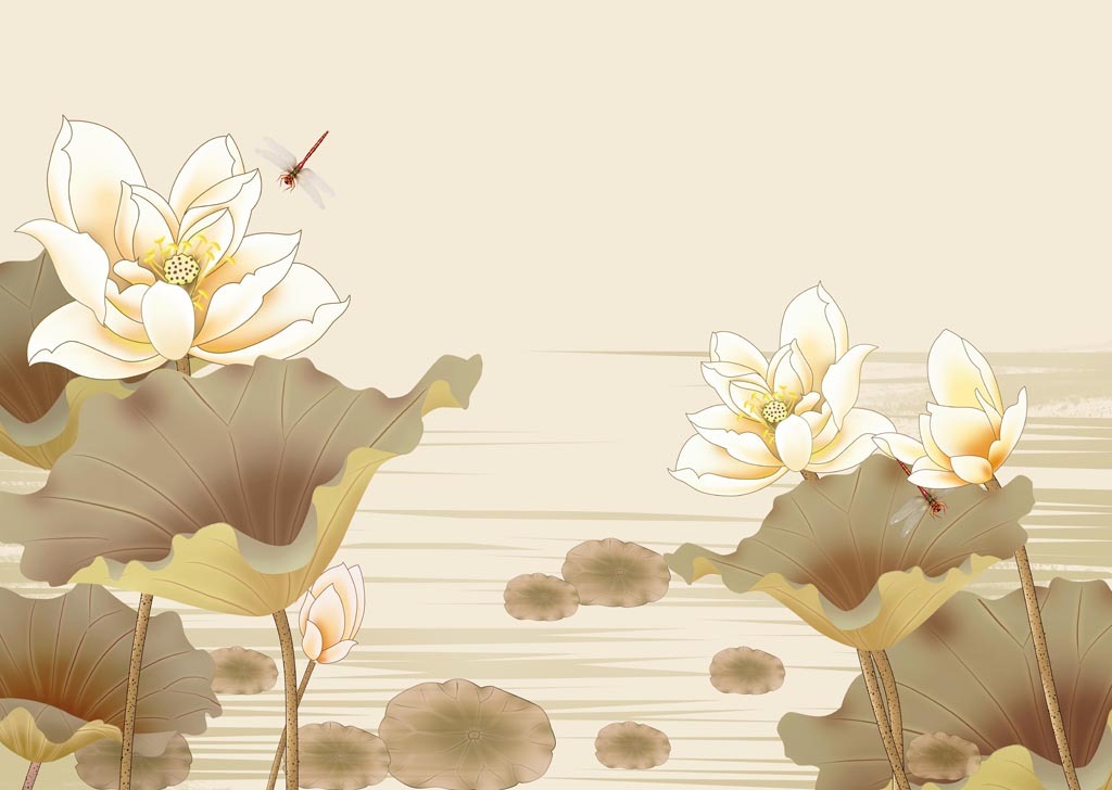 手绘工笔荷花壁画背景墙图片设计素材-高清模板下载(51.