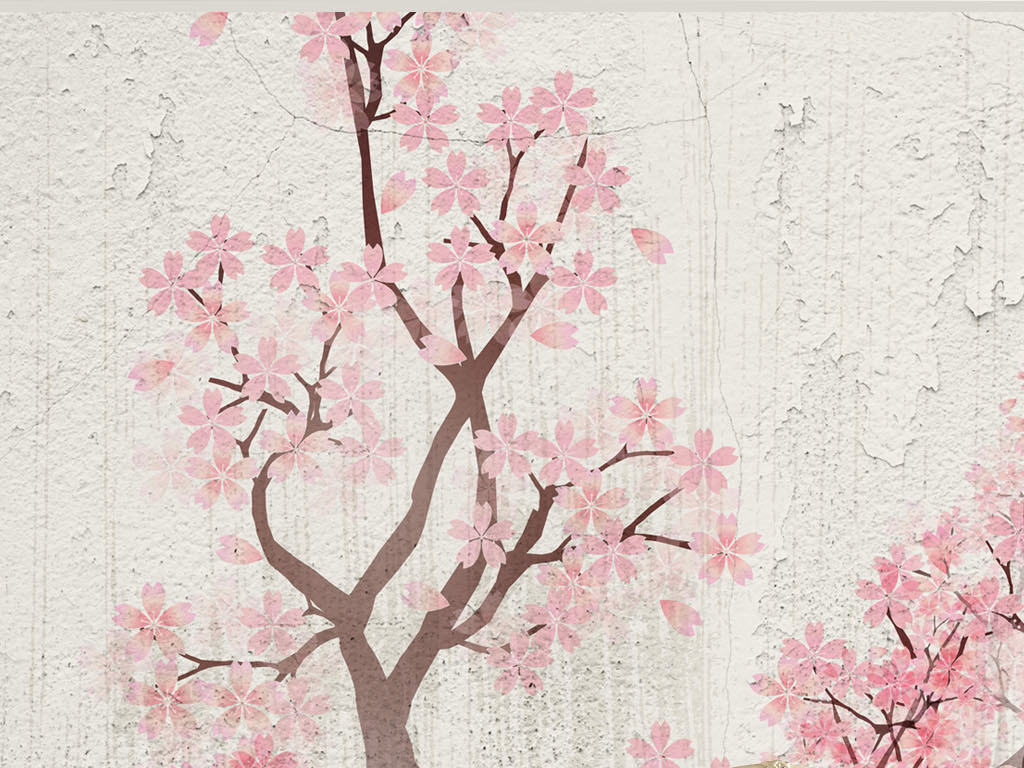 全层背景手绘花鸟背景墙新中式复古樱花背景