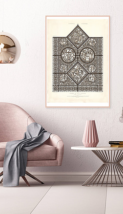 欧式手绘教堂玻璃铅笔素描玄关背景墙