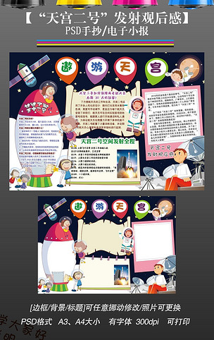 天宫二号发射观后感科技科普手抄报小报2