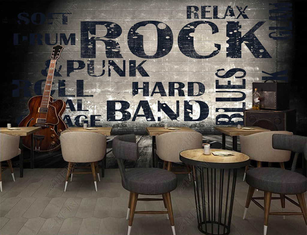 原创欧美工业风水泥墙摇滚吉他酒吧咖啡店背景墙版权可商用