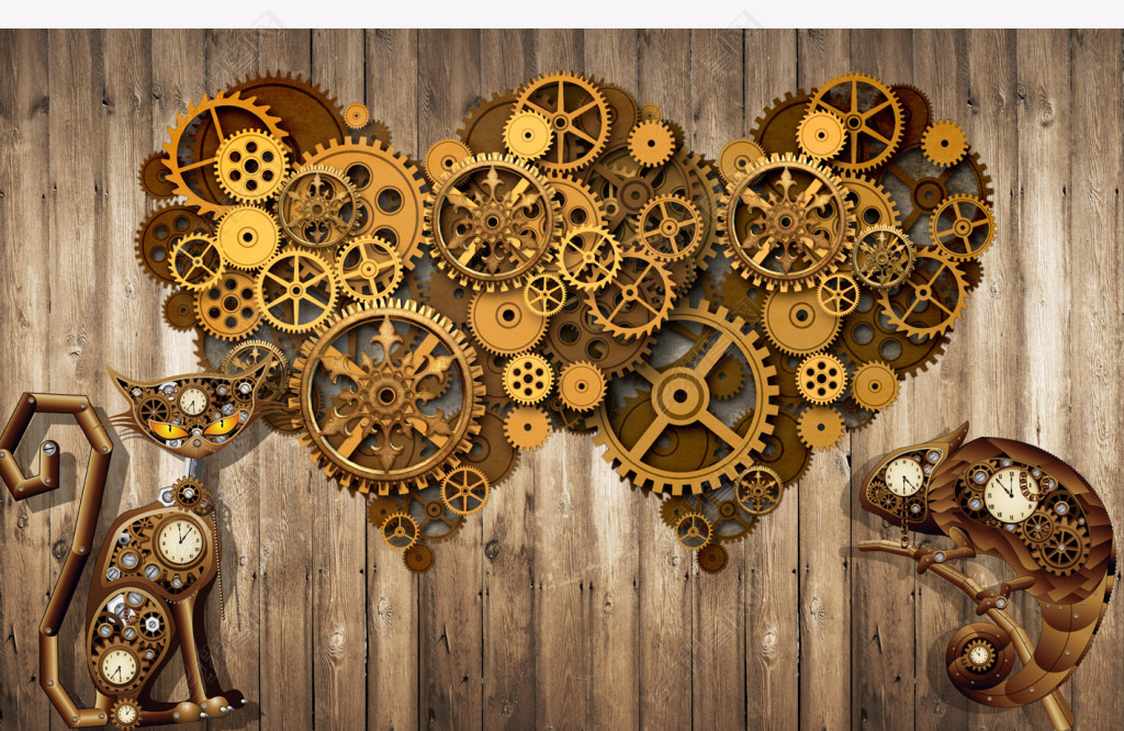 原创心形机械齿轮背景墙