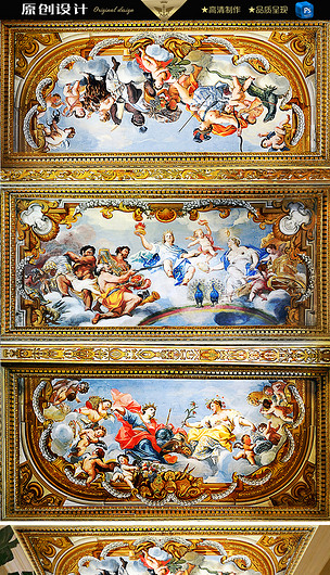 原创女神与天使的宴会三联油画天顶