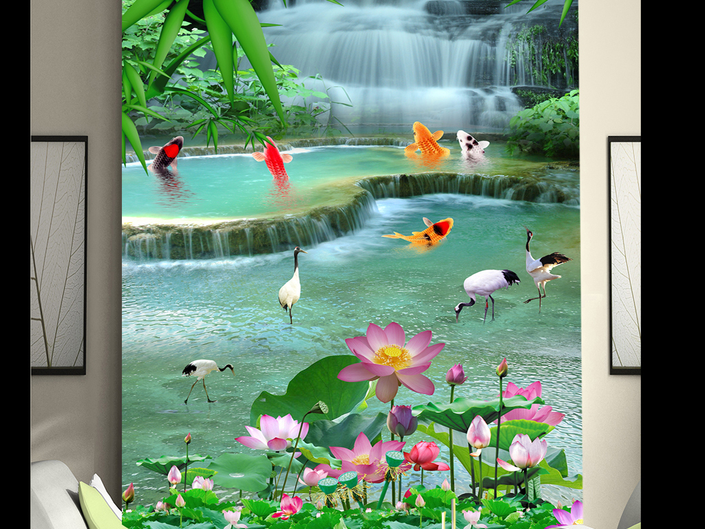玄关 中式玄关 动物花鸟玄关 > 荷花瀑布山水风景玄关 素材图片参数