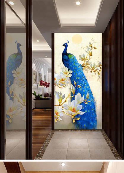 高贵蓝孔雀玉兰花油画玄关背景墙