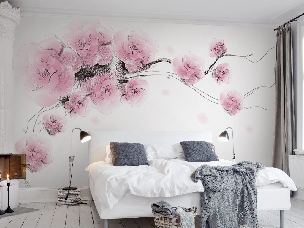 唯美粉色线条素描风格玫瑰花电视背景墙